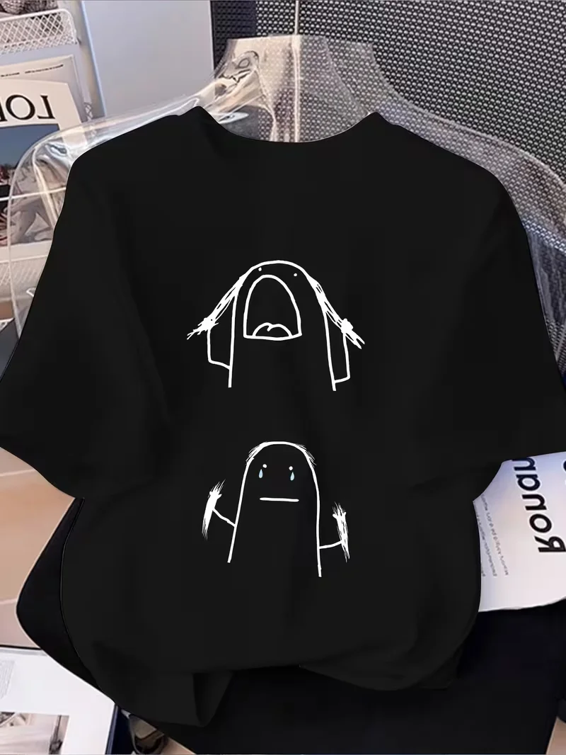 Cute Funny Doodle Graphic T-Shirt, Casual Crew Neck Short Sleeve Top for Women, Humorous Versatile Summer Daily Fashion Tee