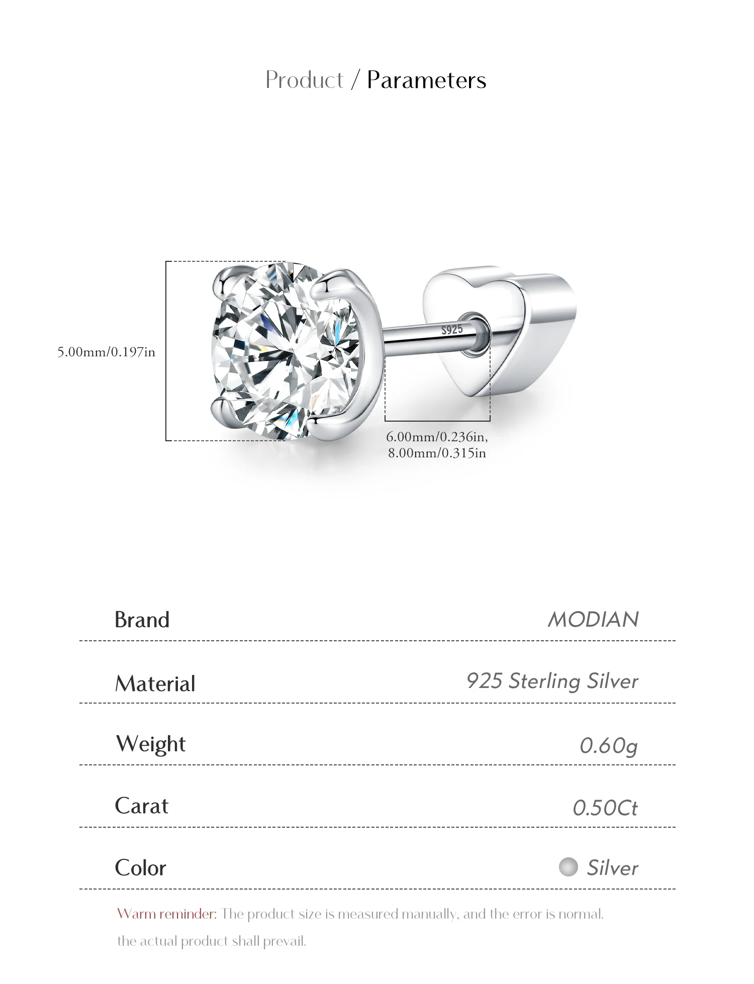 MODIAN 0.5CT D Color Cartilage Studs Moissanite 925 Sterling Sliver Neutral Simple Heart Screw Stud Earrings For Women Jewelry