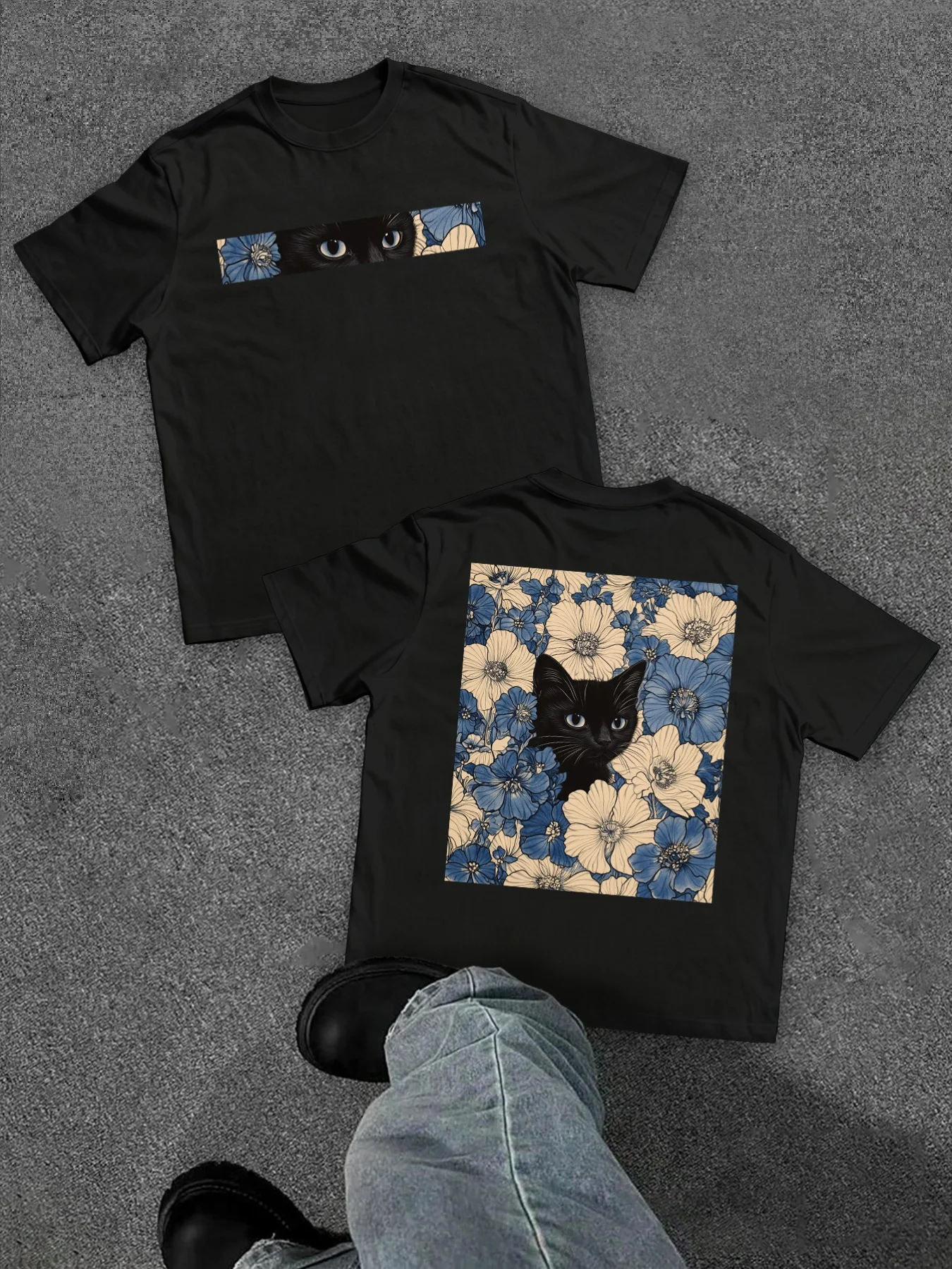 Summer Men's Pure Cotton Vintage Cat Floral Print T-shirt Oversized Loose and Breathable Suitable for Everyday Wear