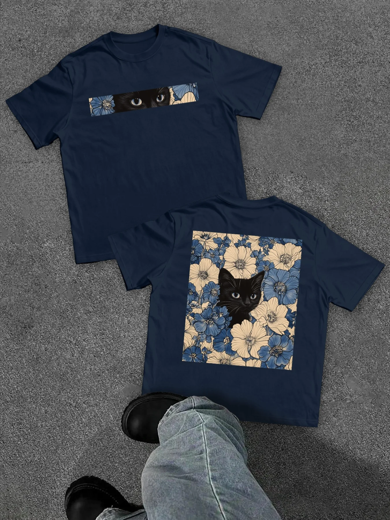 Summer Men's Pure Cotton Vintage Cat Floral Print T-shirt Oversized Loose and Breathable Suitable for Everyday Wear