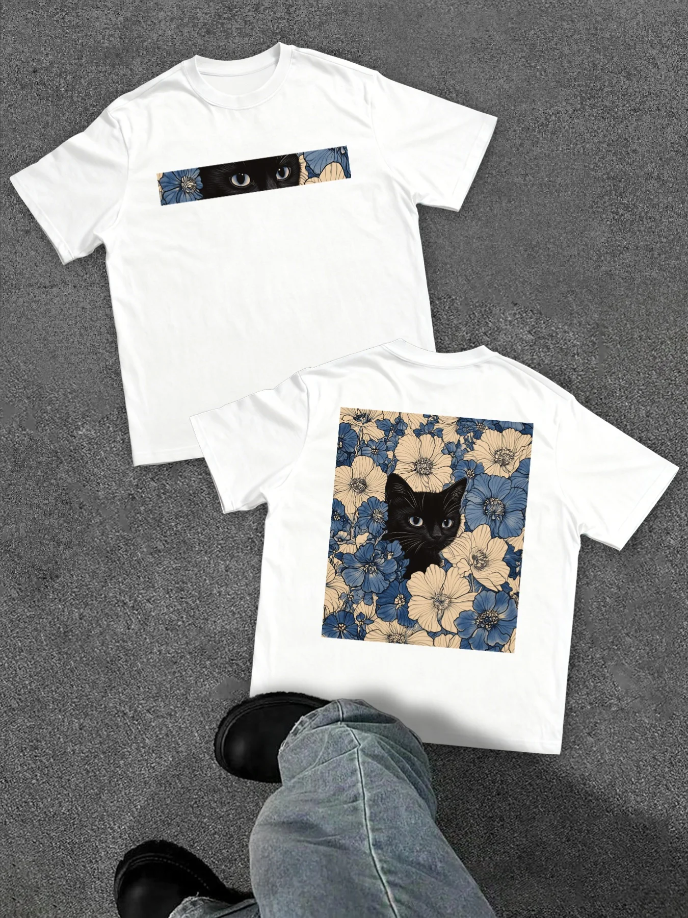 Summer Men's Pure Cotton Vintage Cat Floral Print T-shirt Oversized Loose and Breathable Suitable for Everyday Wear