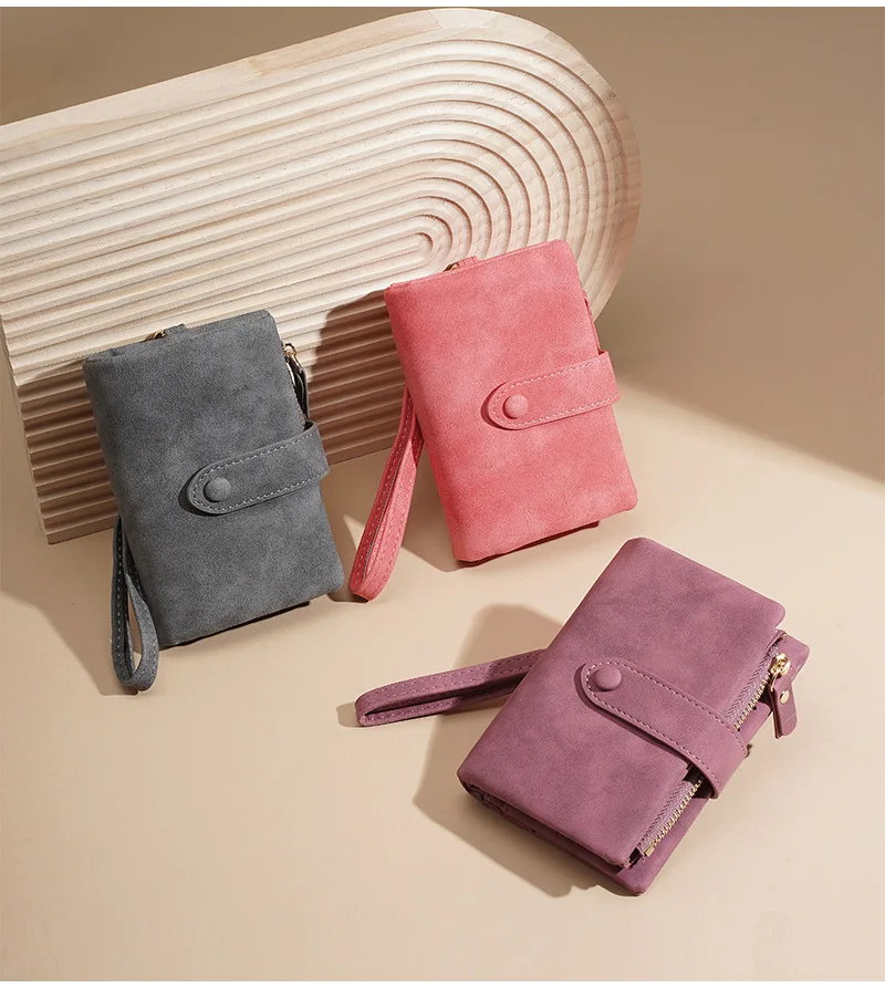 Baellerry Women's Short Wallet Soft Suede PU Leather Card Holder with Multiple Slots Snap Fasteners And Zipper Coin Purse