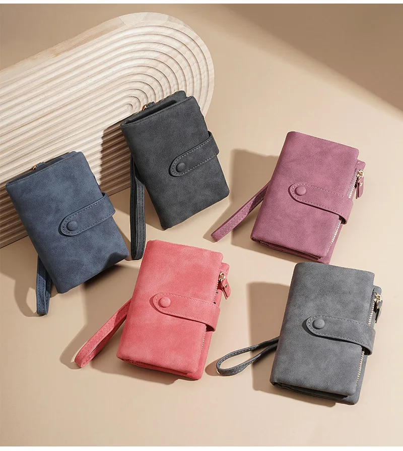 Baellerry Women's Short Wallet Soft Suede PU Leather Card Holder with Multiple Slots Snap Fasteners And Zipper Coin Purse