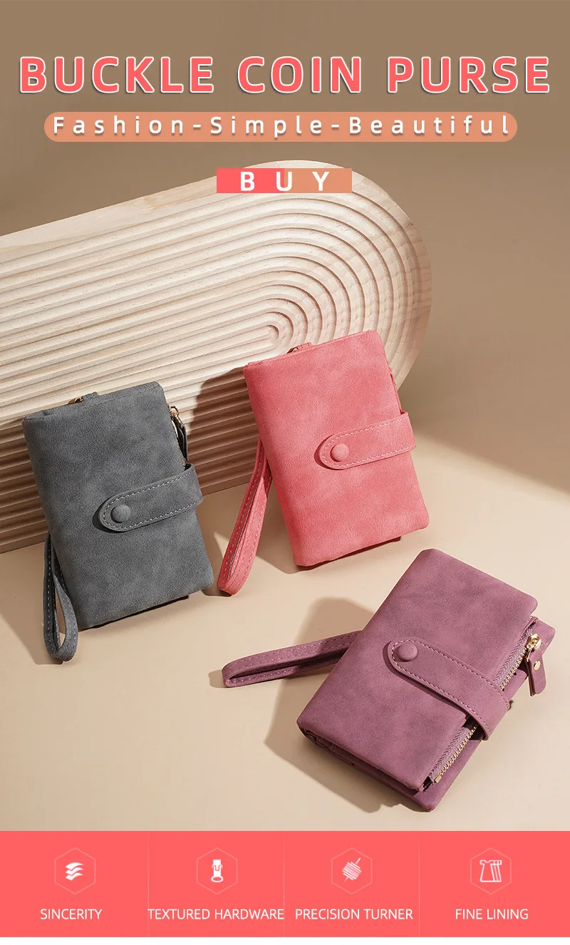 Baellerry Women's Short Wallet Soft Suede PU Leather Card Holder with Multiple Slots Snap Fasteners And Zipper Coin Purse