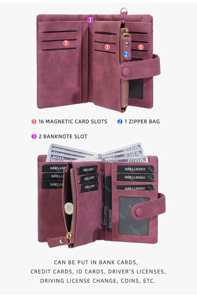 Baellerry Women's Short Wallet Soft Suede PU Leather Card Holder with Multiple Slots Snap Fasteners And Zipper Coin Purse