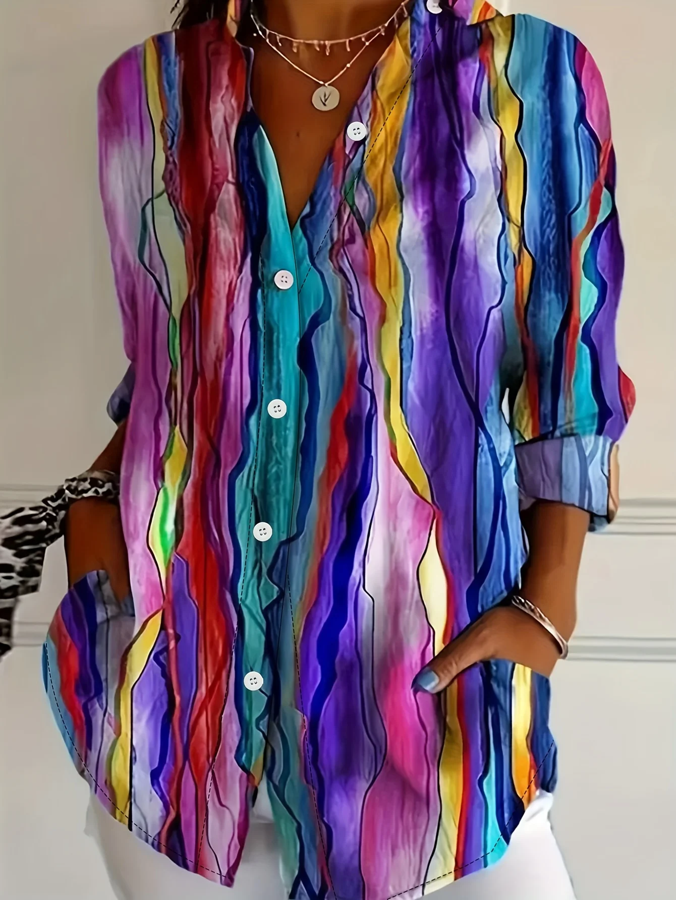 Plus Size Women's Colorful Tie Dye Print Button Down Shirt Long Sleeve Casual Loose Blouse Top,Loose Casual Blouse Daily