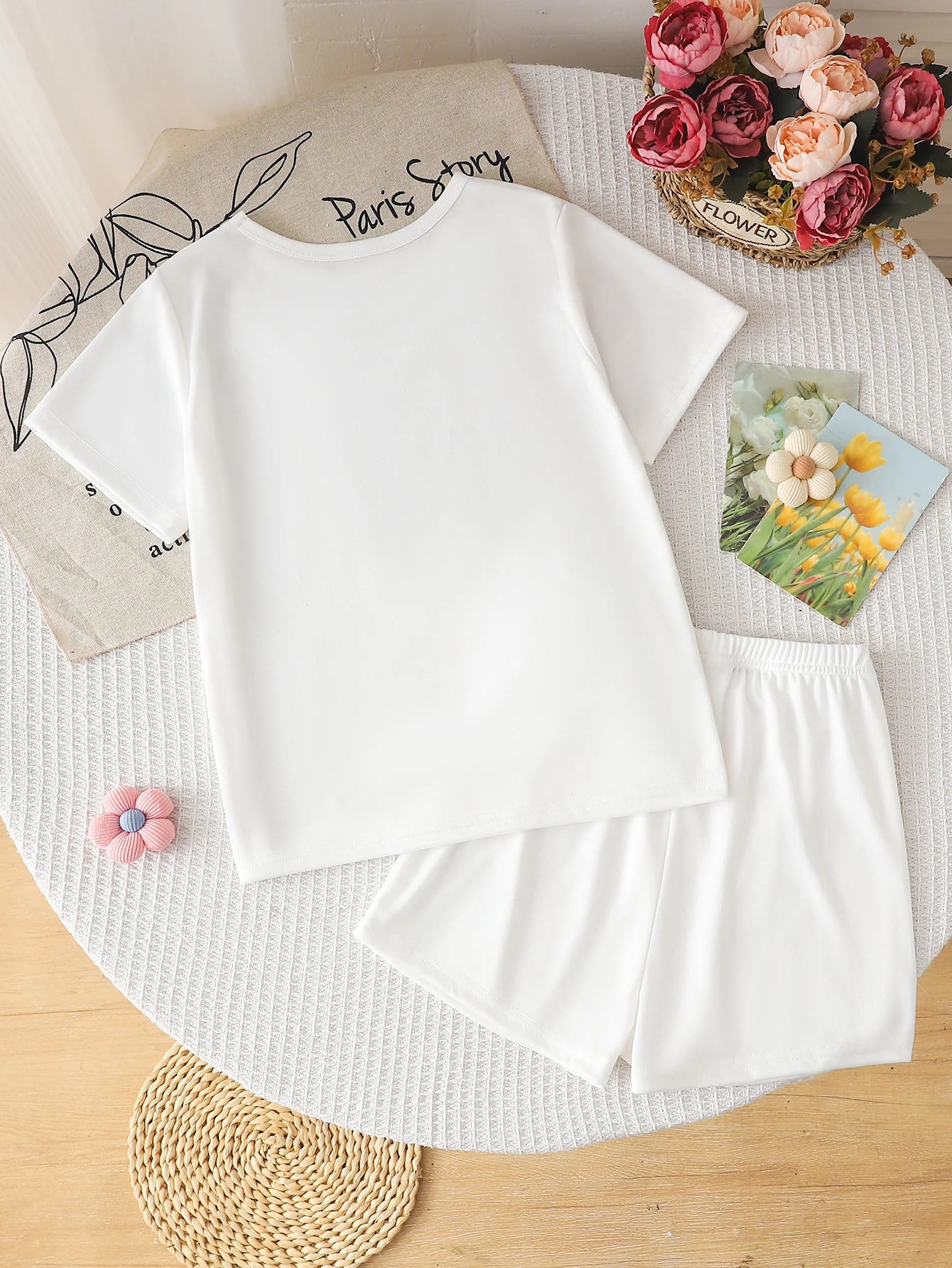 Kids Girls 2 Piece Solid White Short Sleeve T-Shirt & Shorts Set Casual Summer Loungewear Outfit