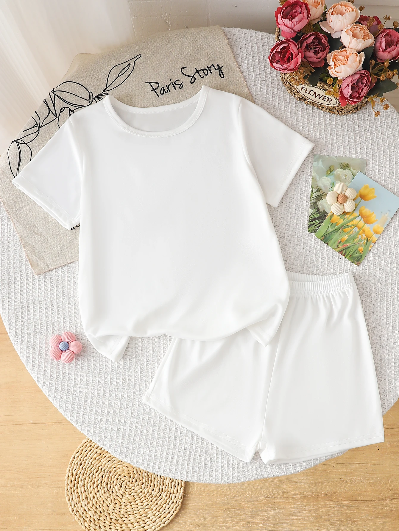 Kids Girls 2 Piece Solid White Short Sleeve T-Shirt & Shorts Set Casual Summer Loungewear Outfit