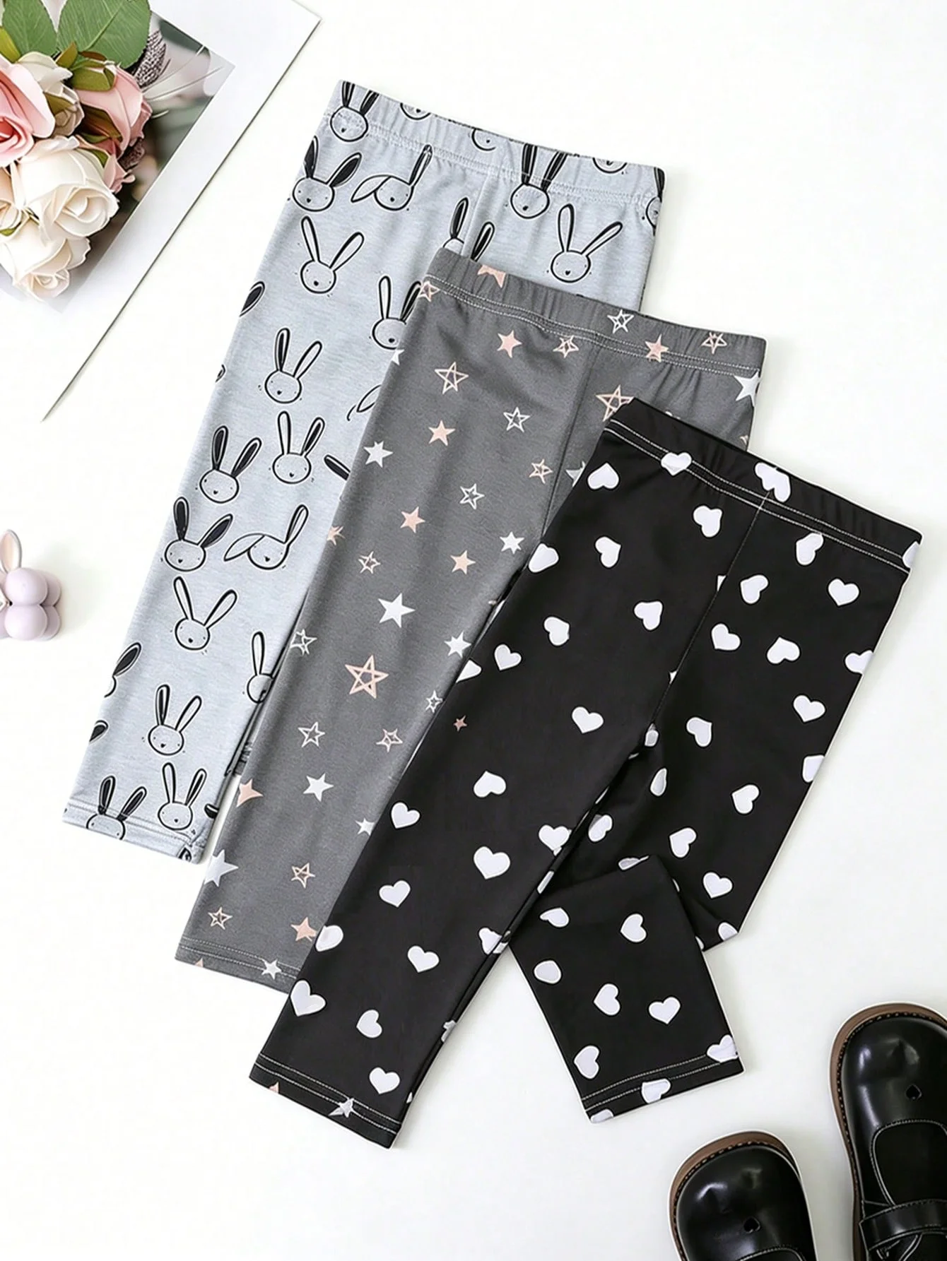 3 Pairs of Girls' Sweet Cute Printed Thin Pants, Soft and Comfortable Leggings Suitable for Girls' Daily Wear in Spring and Autumn