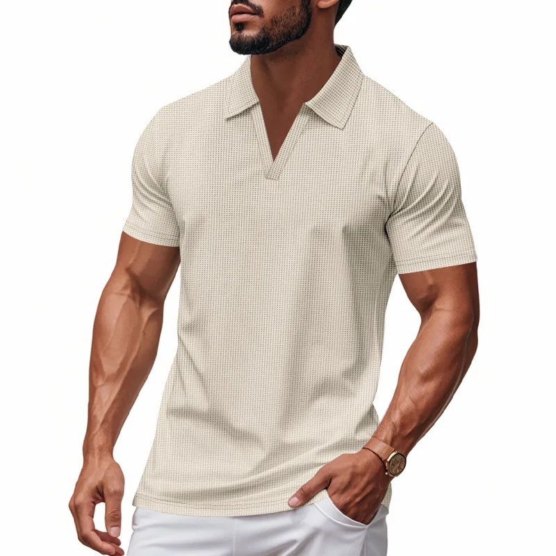2026 New Summer Breathable Polo Shirts Men Solid Waffle Short Sleeve Polo Shirts for Men Fashion Casual VCollar Polo Shirt