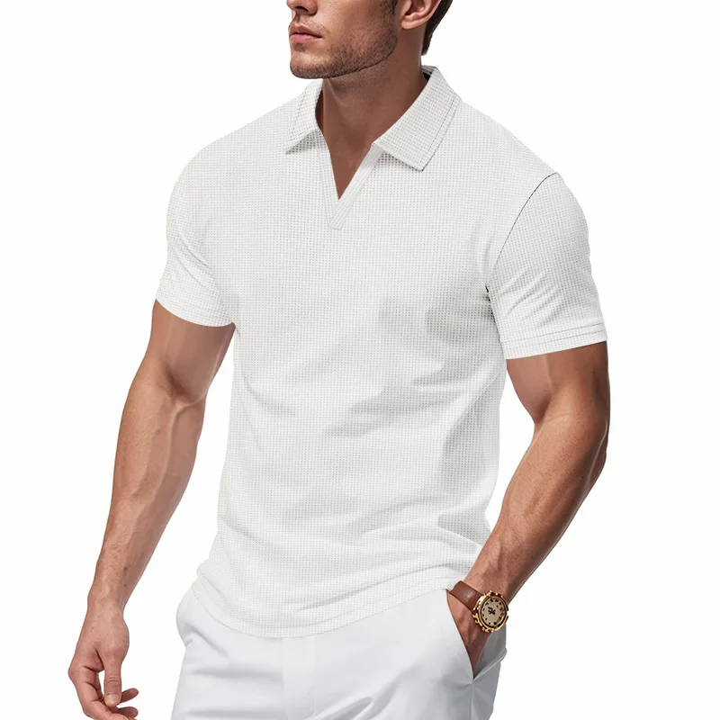 2026 New Summer Breathable Polo Shirts Men Solid Waffle Short Sleeve Polo Shirts for Men Fashion Casual VCollar Polo Shirt