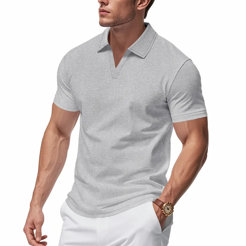 2026 New Summer Breathable Polo Shirts Men Solid Waffle Short Sleeve Polo Shirts for Men Fashion Casual VCollar Polo Shirt