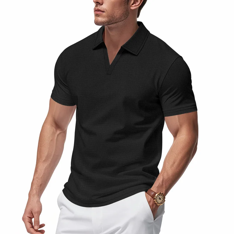 2026 New Summer Breathable Polo Shirts Men Solid Waffle Short Sleeve Polo Shirts for Men Fashion Casual VCollar Polo Shirt