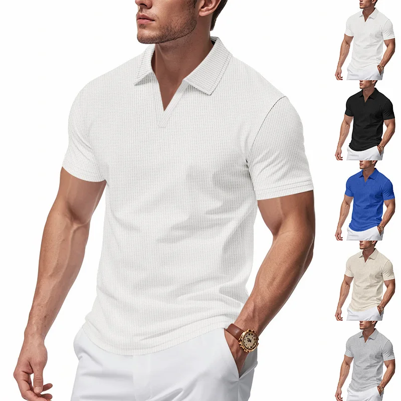 2026 New Summer Breathable Polo Shirts Men Solid Waffle Short Sleeve Polo Shirts for Men Fashion Casual VCollar Polo Shirt