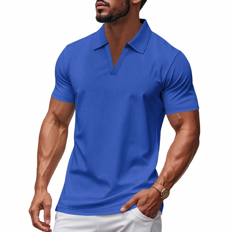 2026 New Summer Breathable Polo Shirts Men Solid Waffle Short Sleeve Polo Shirts for Men Fashion Casual VCollar Polo Shirt
