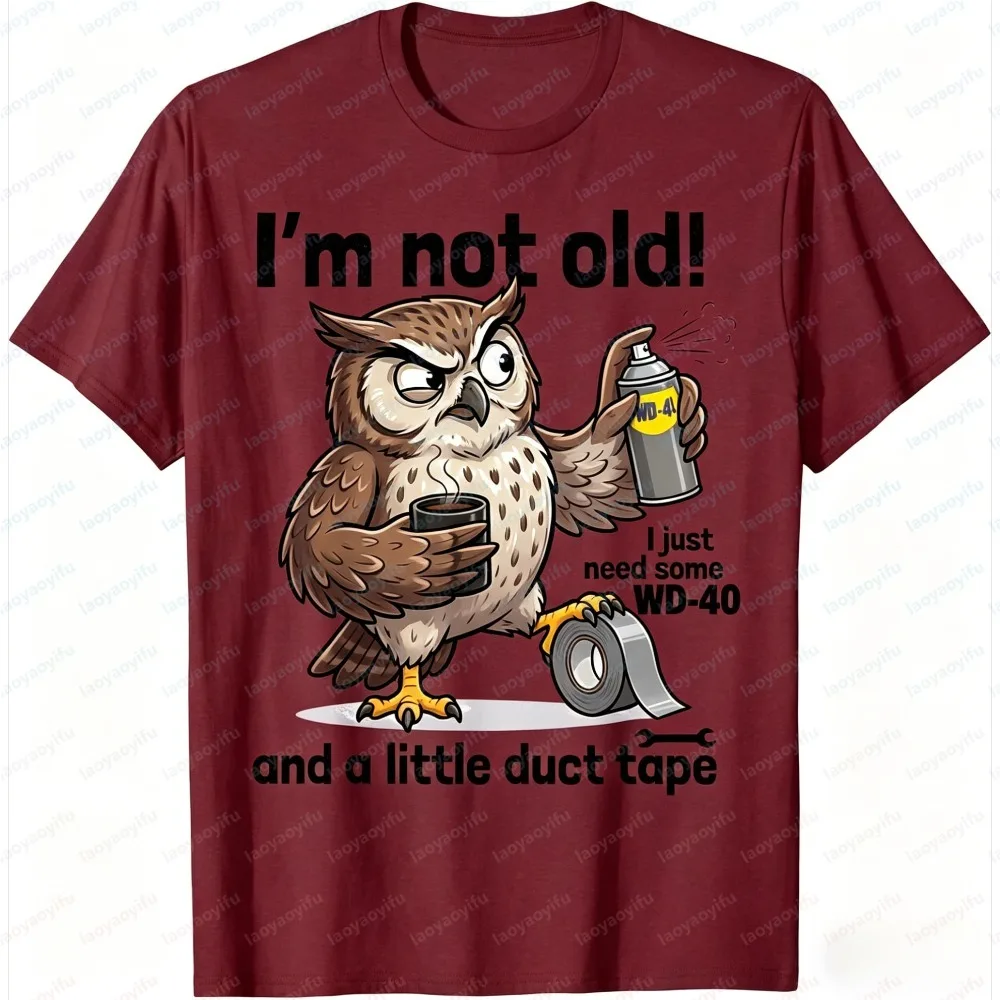 Men T-Shirt Summer Short Sleeve Fashion Funny Owl WD40 Duct Tape Graphic Tee Casual Humor Cotton Top Daily Wear Gift for Tops