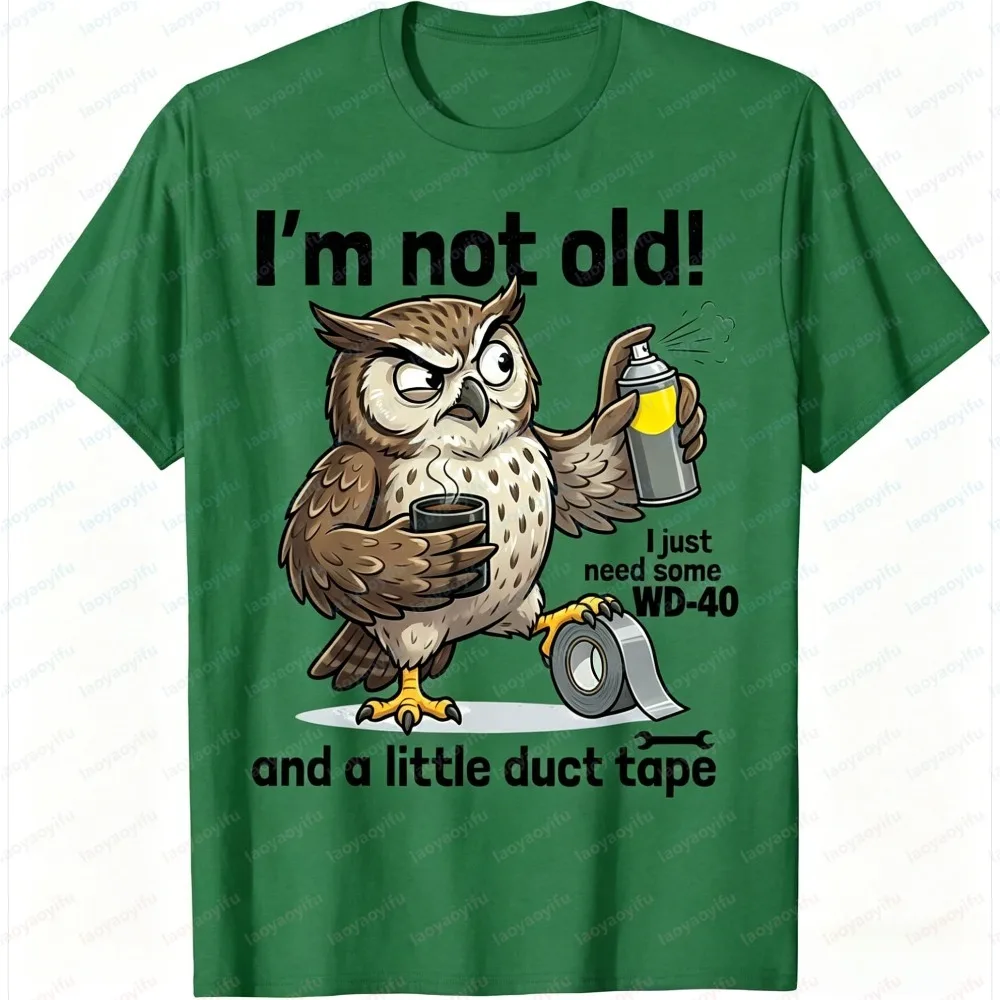 Men T-Shirt Summer Short Sleeve Fashion Funny Owl WD40 Duct Tape Graphic Tee Casual Humor Cotton Top Daily Wear Gift for Tops