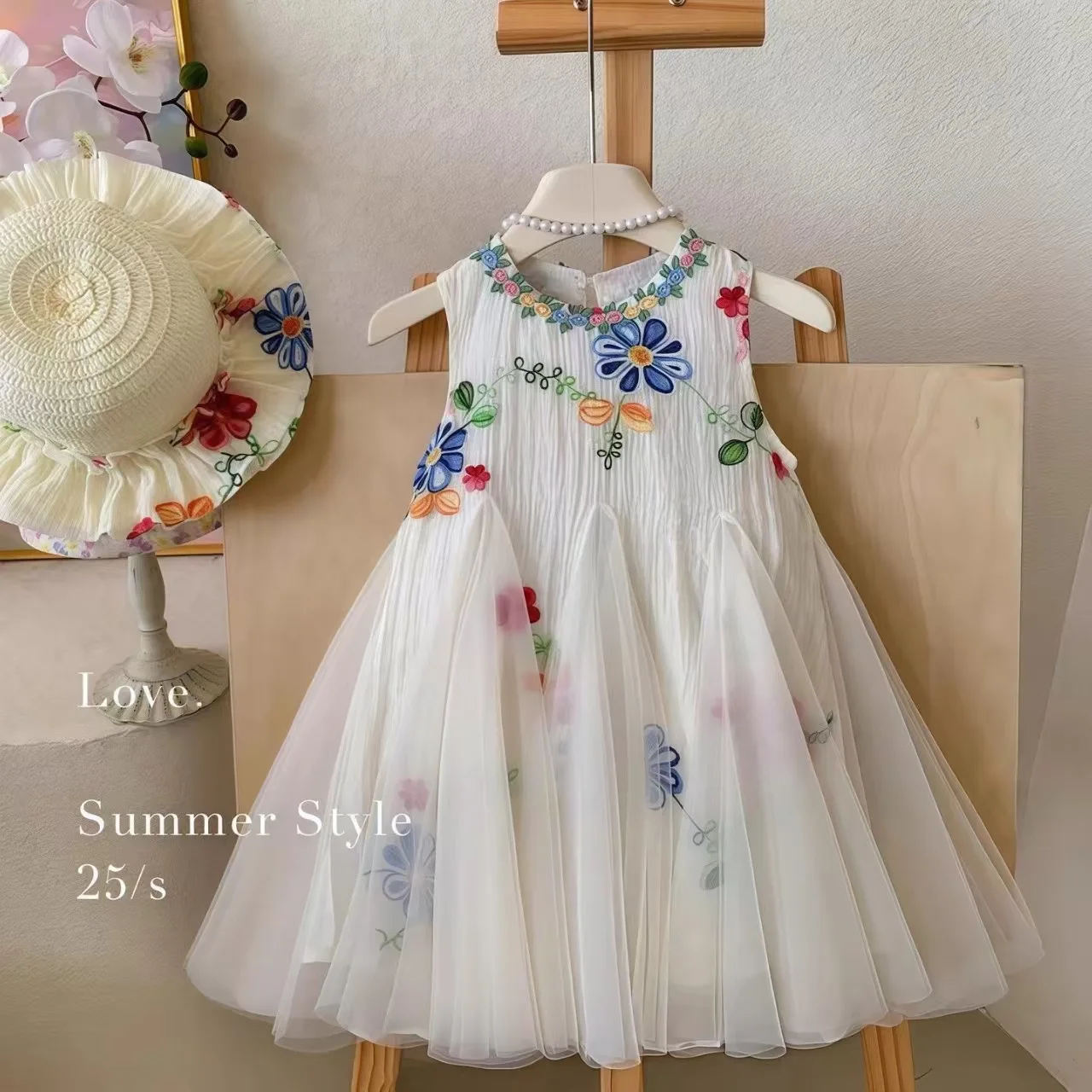 Summer Sweet and Cute Princess Girls Dresses Color Blocked Mesh Sleeveless Wedding Party Bridesmaids Children Dress