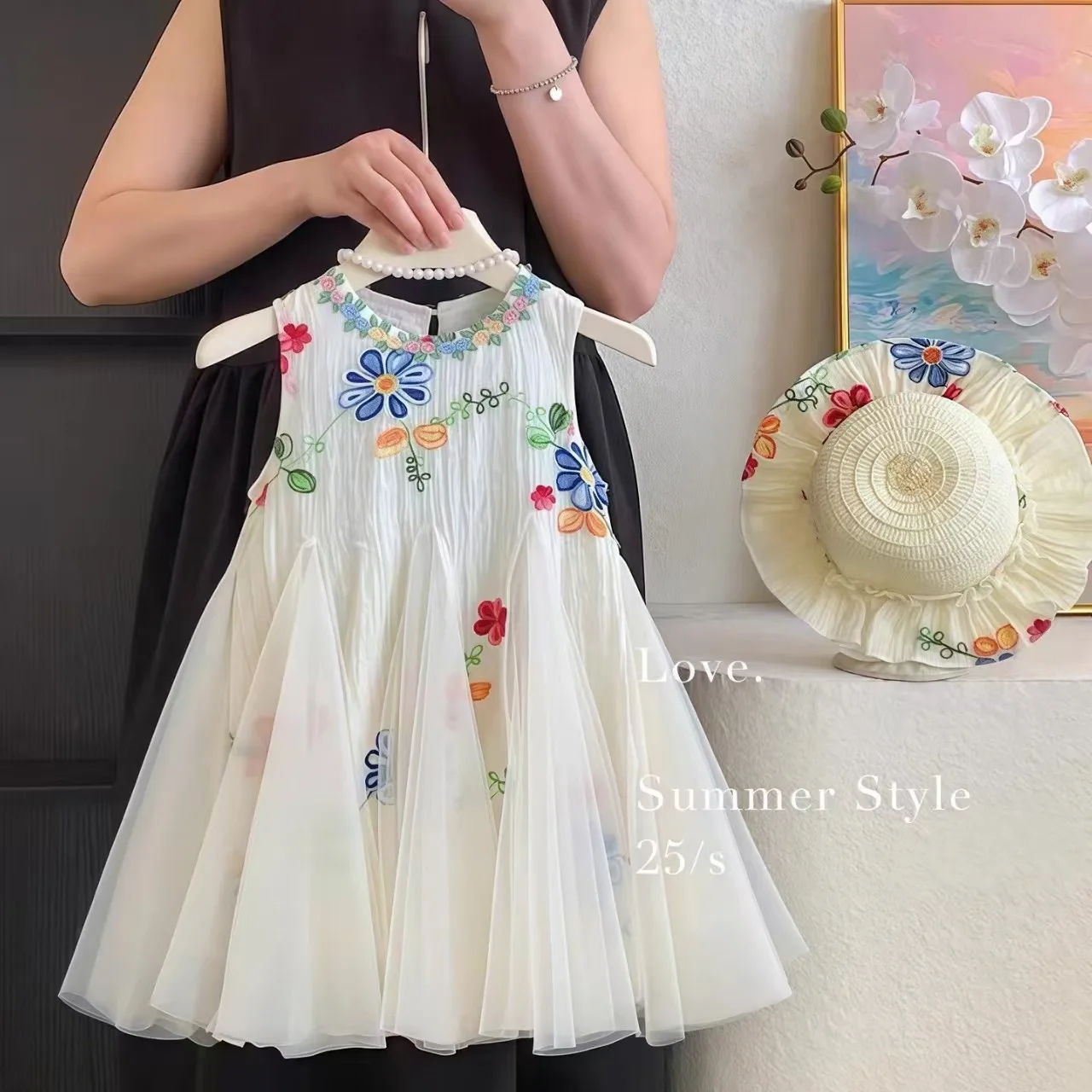 Summer Sweet and Cute Princess Girls Dresses Color Blocked Mesh Sleeveless Wedding Party Bridesmaids Children Dress