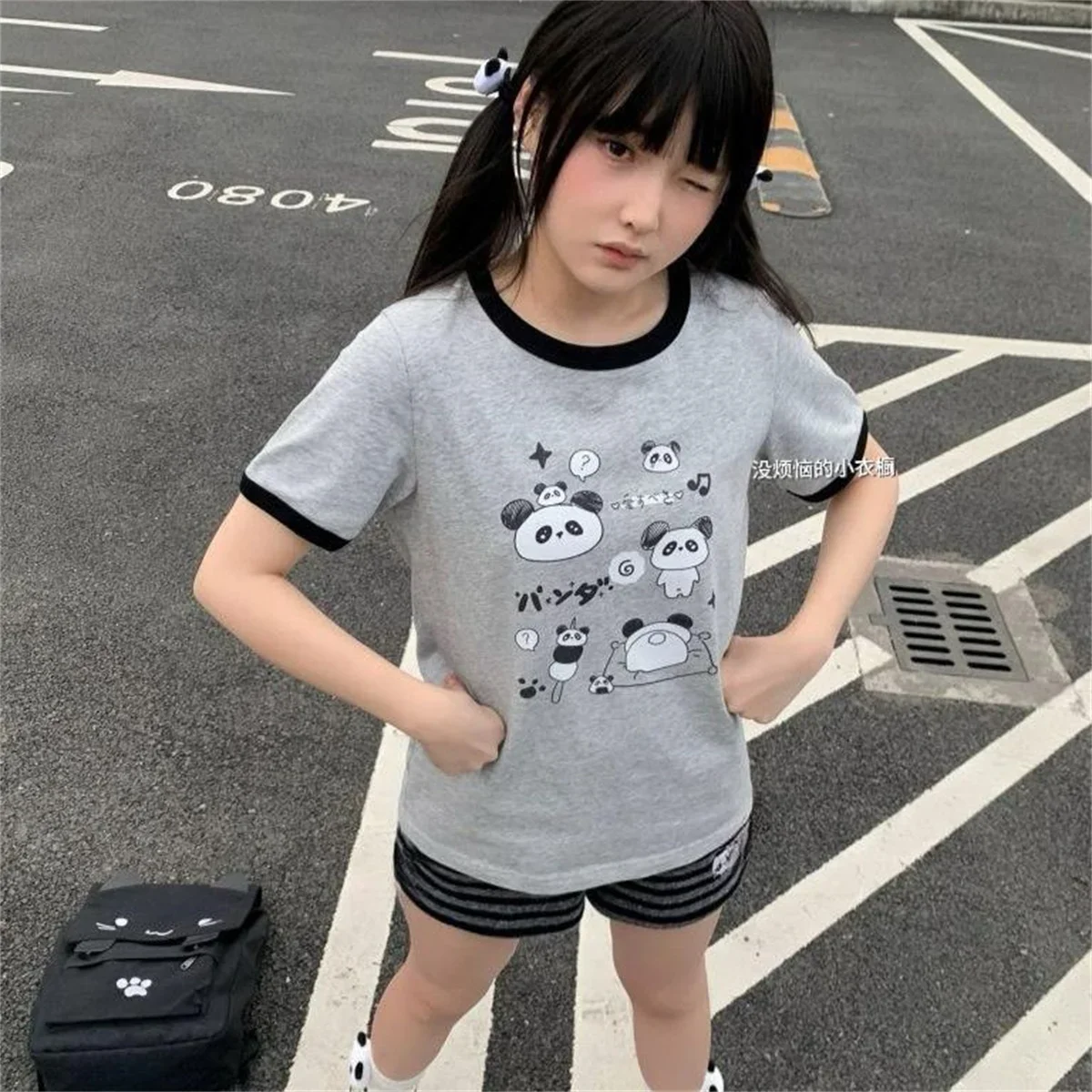 Harajuku Cartoon Embroidery Pants Women Kawaii Striped Loose Korean Trouser Shorts Y2K Subculture Vintage Female Wide Leg Pants