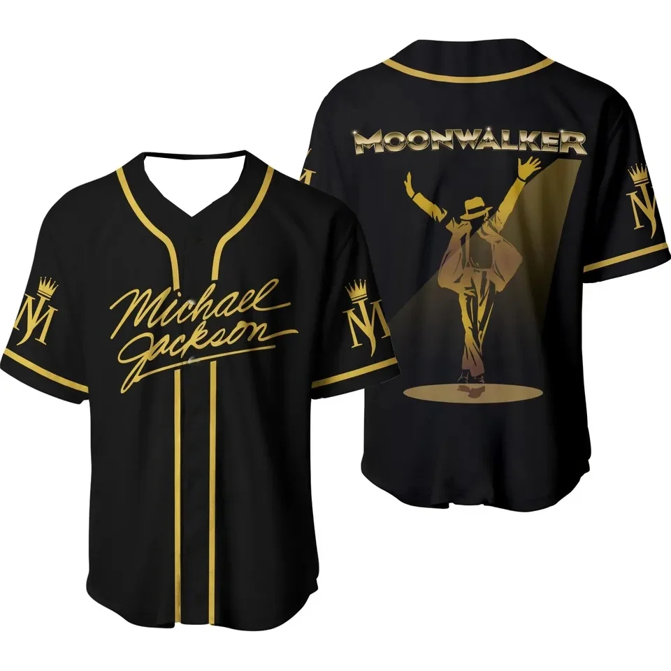 New Michael Jackson Moonwalker Black Gold Baseball Jersey King of Pop V-Neck Short Sleeve Streetwear Sport Shirt Men Women Fans