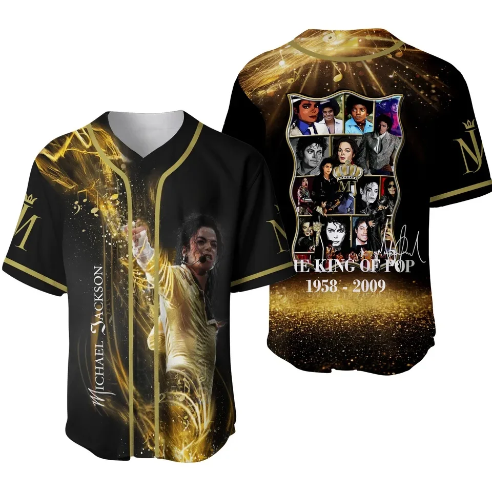 New Michael Jackson Moonwalker Black Gold Baseball Jersey King of Pop V-Neck Short Sleeve Streetwear Sport Shirt Men Women Fans