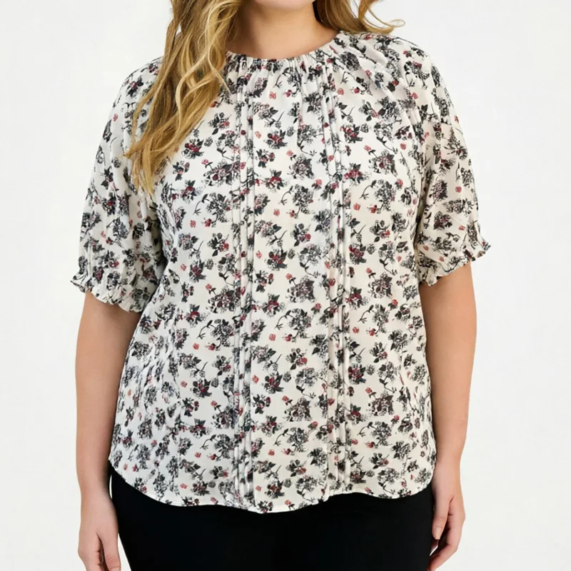 Plus-Size Women's Shirt with Floral Print, Puff Sleeves, Round Neck, Elasticated Cuffs and Neckline, and Draped Decoration on th