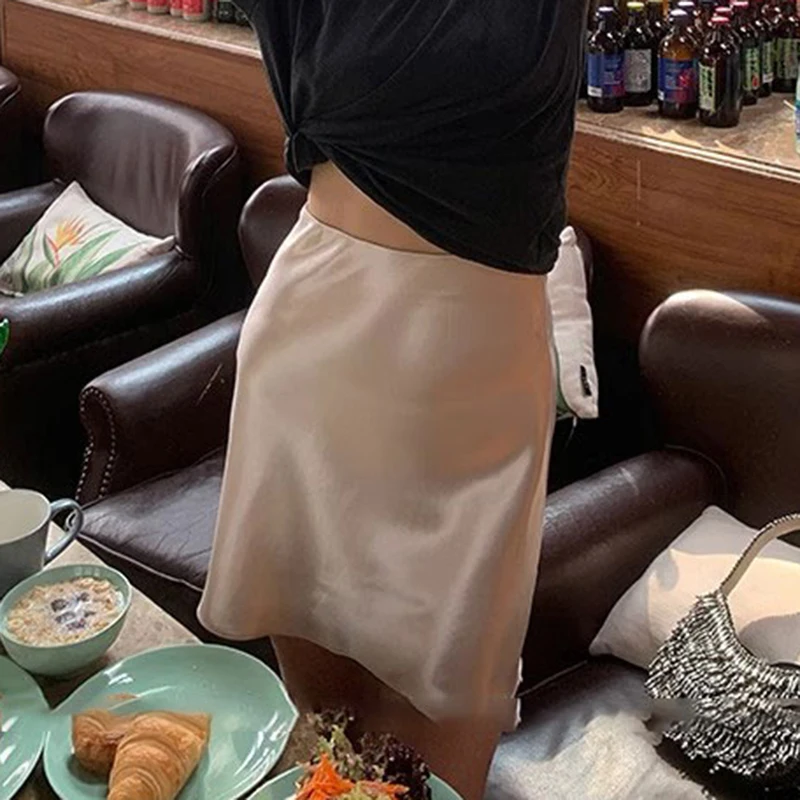Female Classic High Waist Acetate Satin Skirts Lady Solid Color Party Dresses Girls Korean Fashion Thin A-Line Skirts