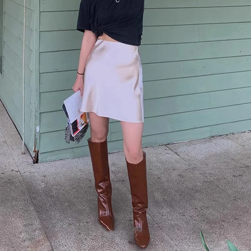 Female Classic High Waist Acetate Satin Skirts Lady Solid Color Party Dresses Girls Korean Fashion Thin A-Line Skirts
