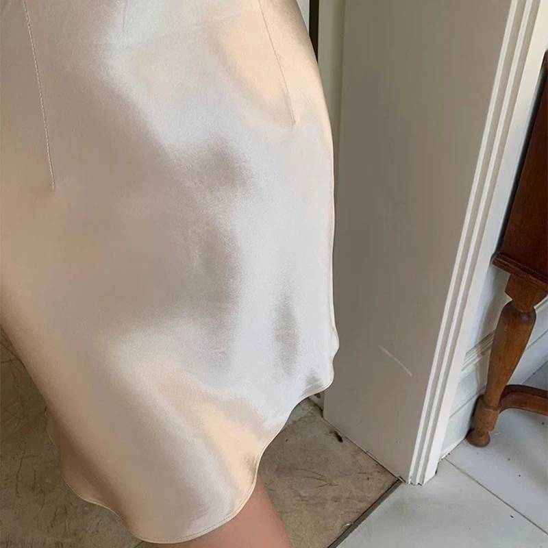 Female Classic High Waist Acetate Satin Skirts Lady Solid Color Party Dresses Girls Korean Fashion Thin A-Line Skirts