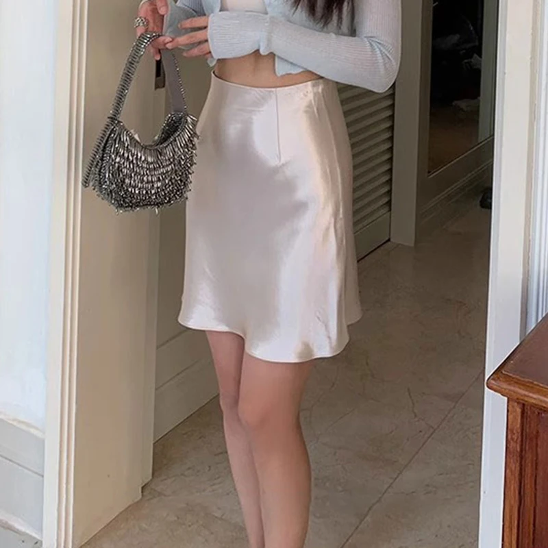 Female Classic High Waist Acetate Satin Skirts Lady Solid Color Party Dresses Girls Korean Fashion Thin A-Line Skirts