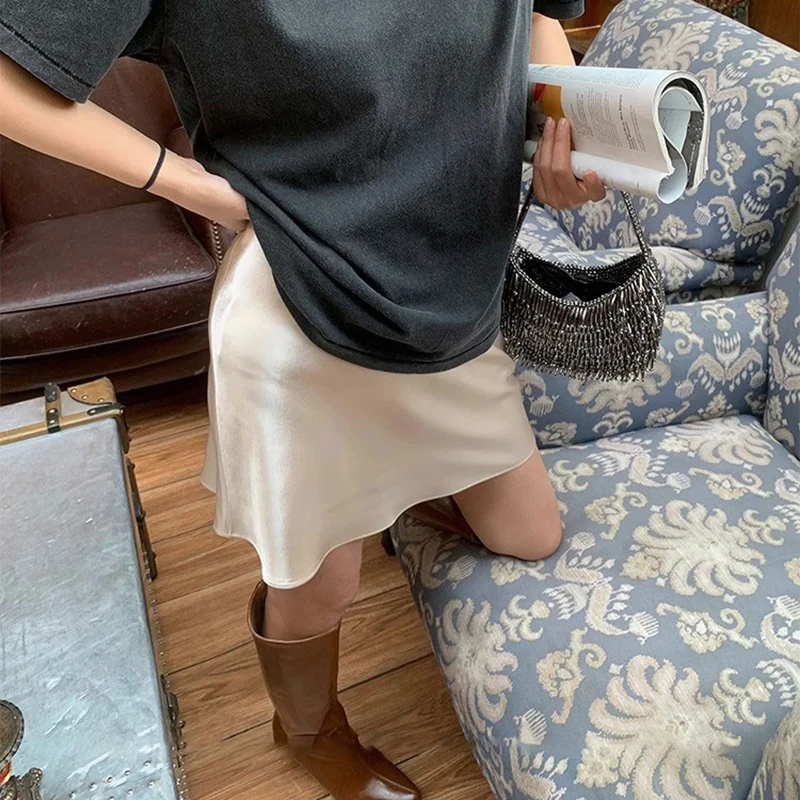 Female Classic High Waist Acetate Satin Skirts Lady Solid Color Party Dresses Girls Korean Fashion Thin A-Line Skirts