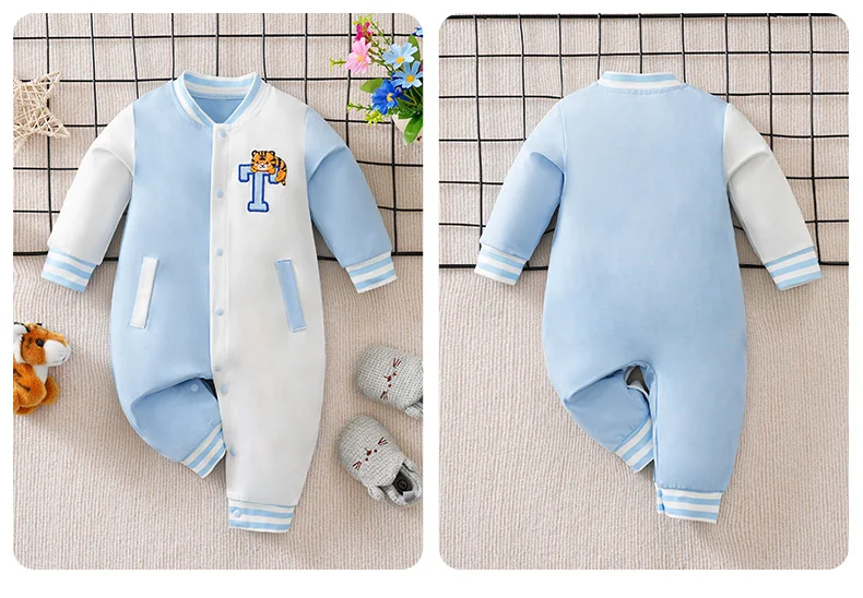 Baby Boy Romper Long Sleeve Tiger Letter T Embroidery Jumpsuit Newborn Baseball Style Casual Clothes 0-18M