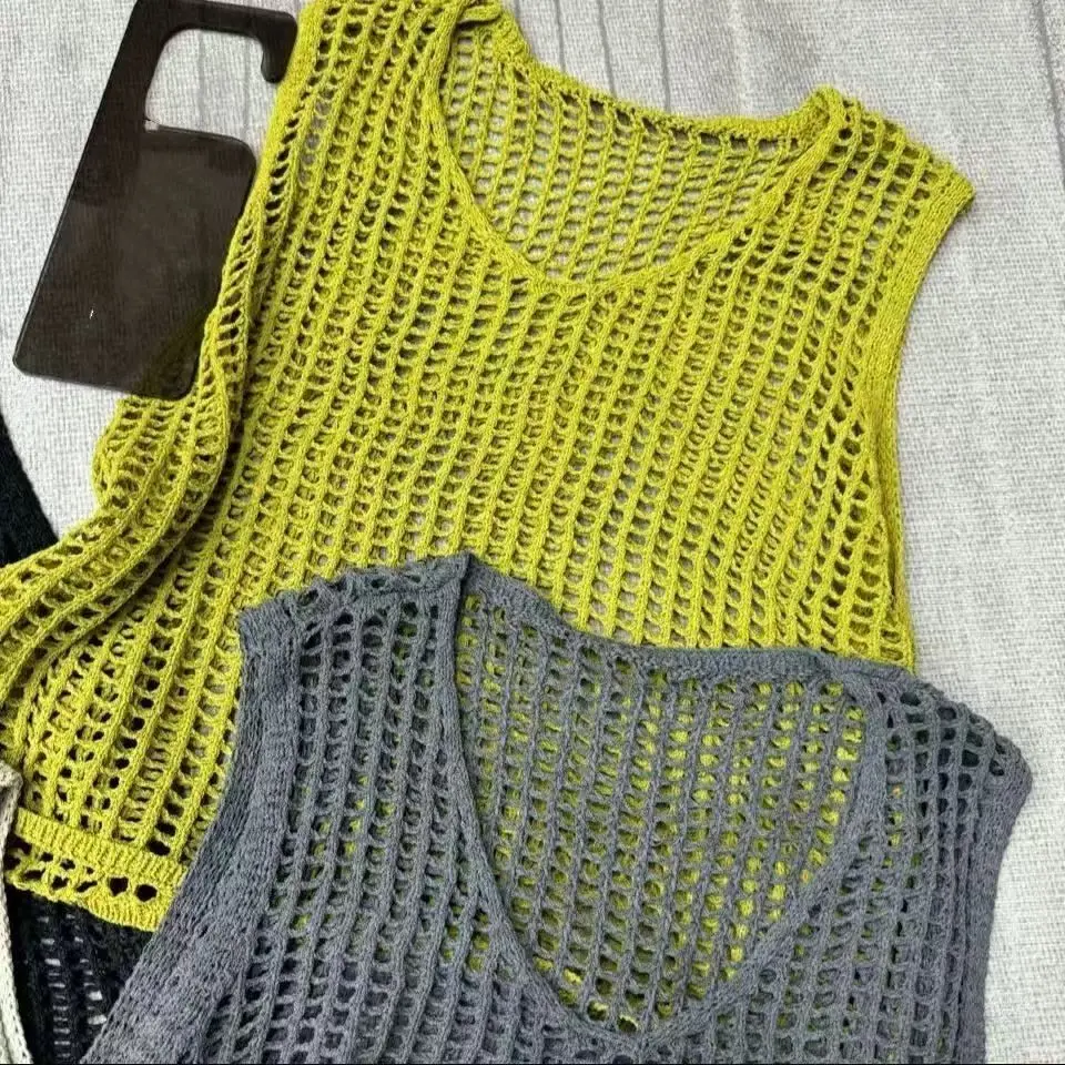Hollowed-out Loose Suspender for Women Outer Sleeveless Knitting Camis Casual Vests Korean Cover Up Crop Vacation Office Tops