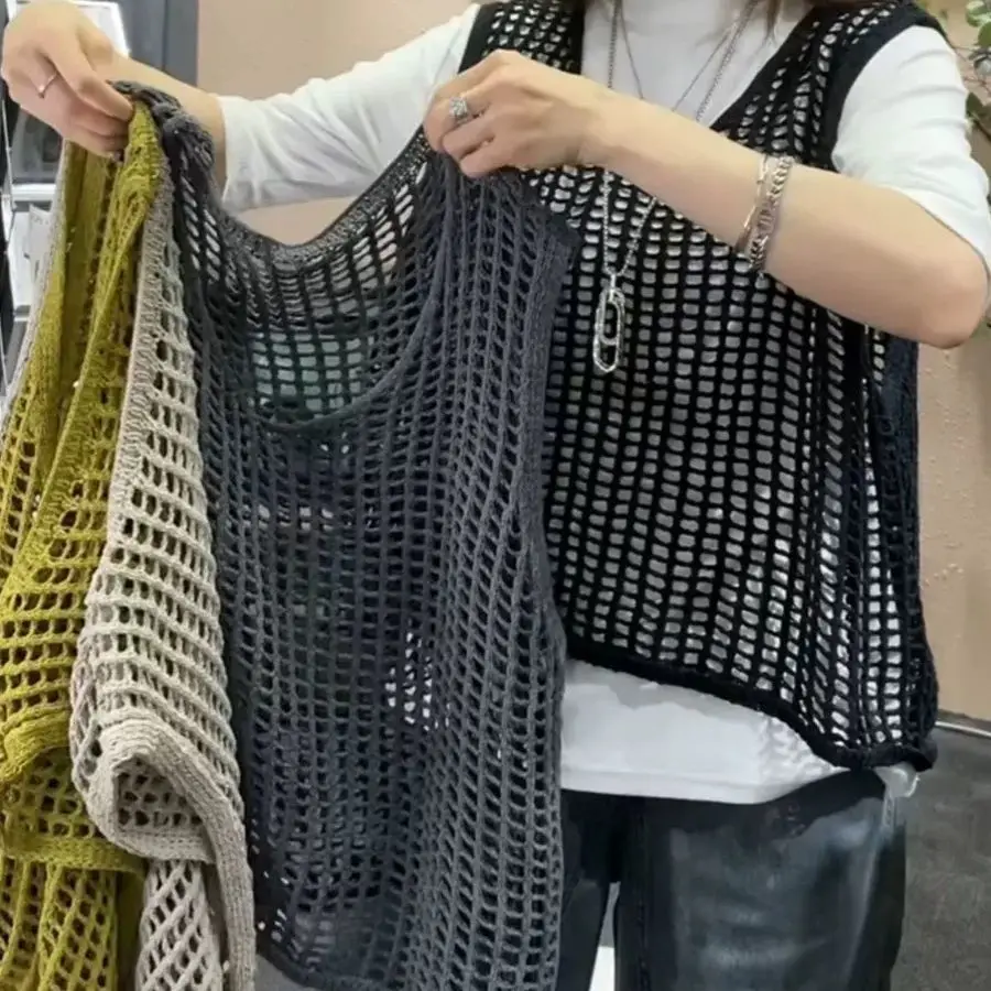 Hollowed-out Loose Suspender for Women Outer Sleeveless Knitting Camis Casual Vests Korean Cover Up Crop Vacation Office Tops