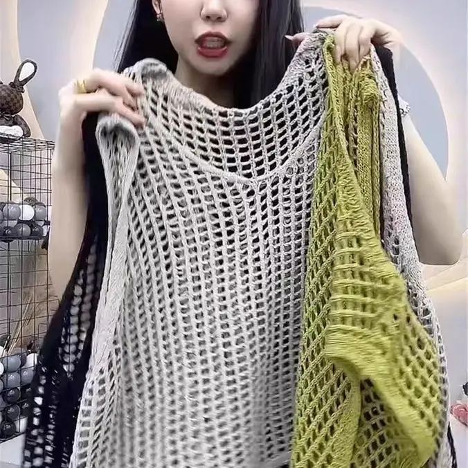 Hollowed-out Loose Suspender for Women Outer Sleeveless Knitting Camis Casual Vests Korean Cover Up Crop Vacation Office Tops