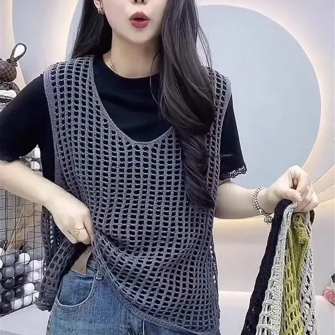 Hollowed-out Loose Suspender for Women Outer Sleeveless Knitting Camis Casual Vests Korean Cover Up Crop Vacation Office Tops
