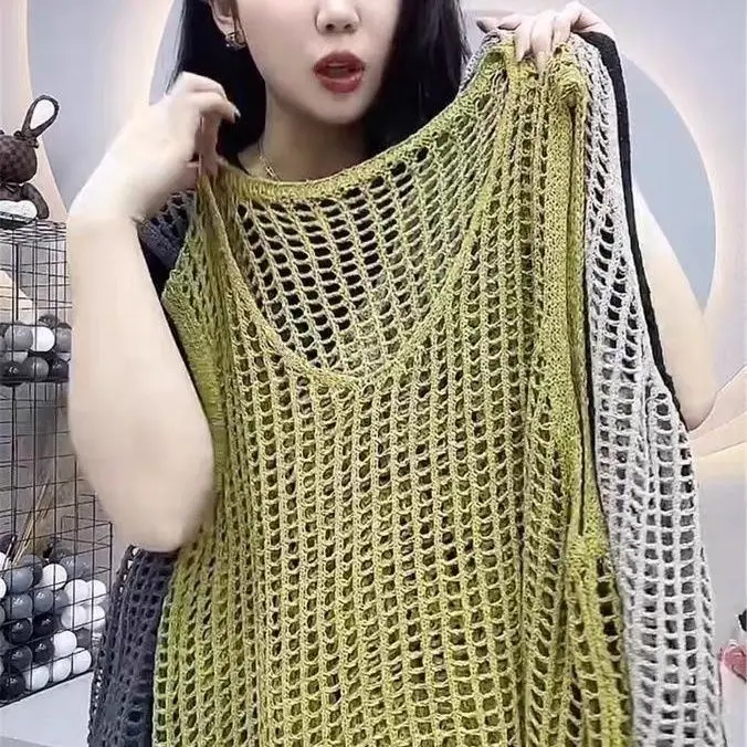 Hollowed-out Loose Suspender for Women Outer Sleeveless Knitting Camis Casual Vests Korean Cover Up Crop Vacation Office Tops