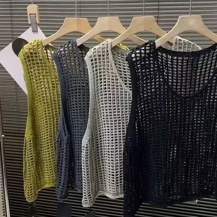 Hollowed-out Loose Suspender for Women Outer Sleeveless Knitting Camis Casual Vests Korean Cover Up Crop Vacation Office Tops