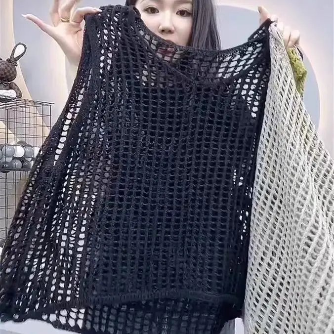 Hollowed-out Loose Suspender for Women Outer Sleeveless Knitting Camis Casual Vests Korean Cover Up Crop Vacation Office Tops