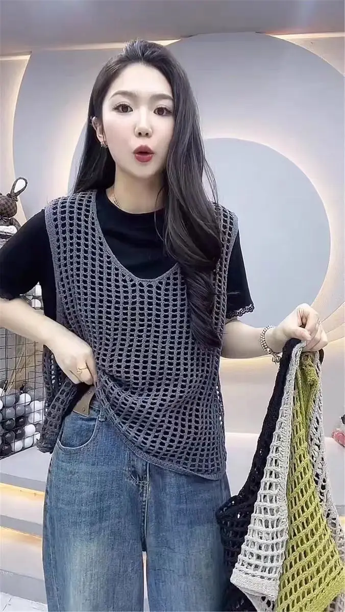 Hollowed-out Loose Suspender for Women Outer Sleeveless Knitting Camis Casual Vests Korean Cover Up Crop Vacation Office Tops