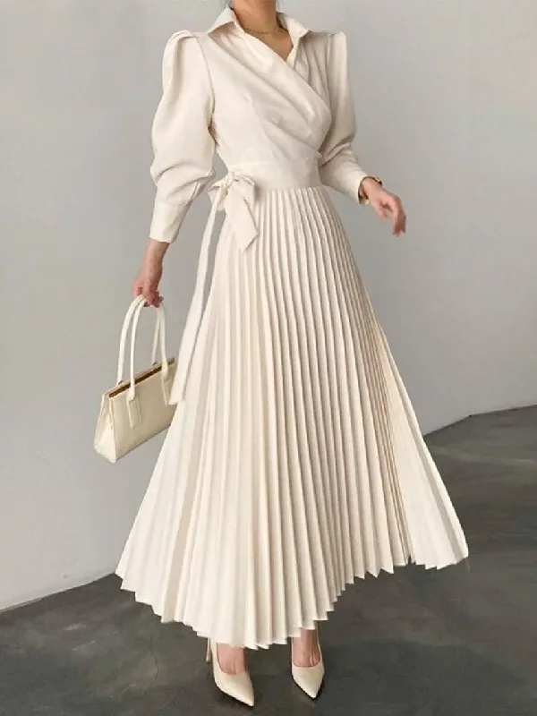 2026 Women Beige Lapel Collar Puff Sleeve Maxi Dress Spring Wrap Waist High Waist Pleated A Line Elegant Party Formal Dress