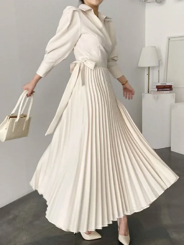 2026 Women Beige Lapel Collar Puff Sleeve Maxi Dress Spring Wrap Waist High Waist Pleated A Line Elegant Party Formal Dress