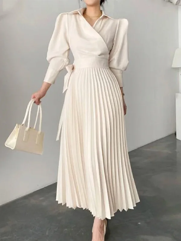 2026 Women Beige Lapel Collar Puff Sleeve Maxi Dress Spring Wrap Waist High Waist Pleated A Line Elegant Party Formal Dress