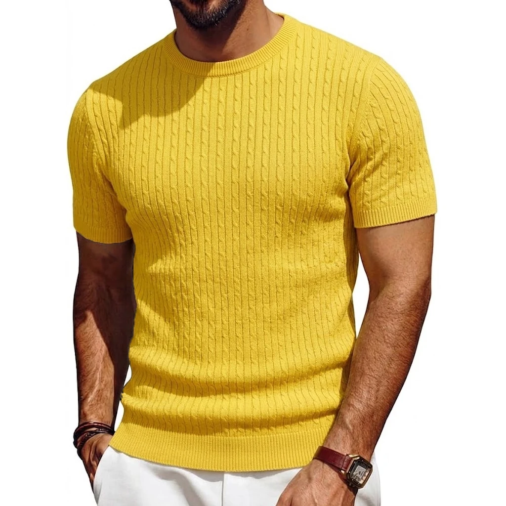 New Short Sleeve Soft Textured Knit Pullover Summer Knit Shirt Casual Tshirts for Men Ribbed Knitwear Crewneck T-Shirts Man Tee