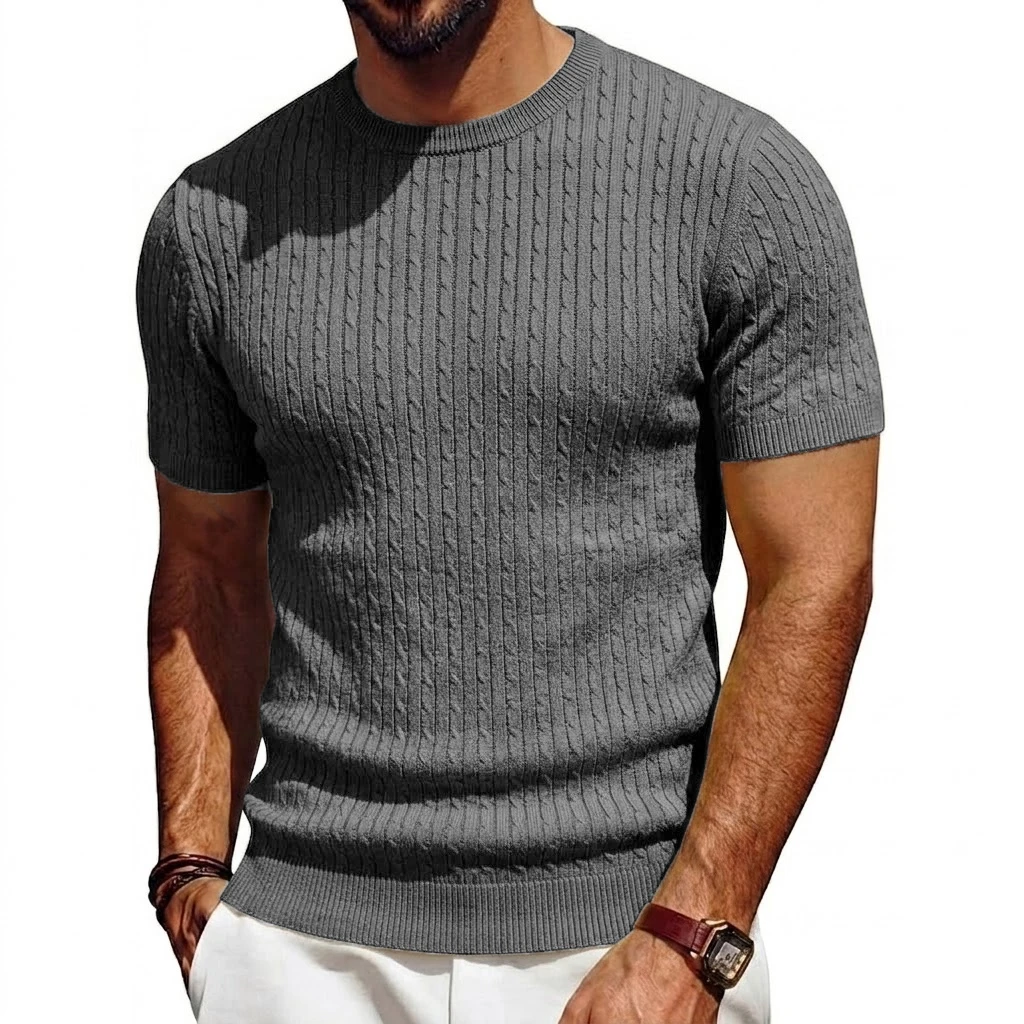 New Short Sleeve Soft Textured Knit Pullover Summer Knit Shirt Casual Tshirts for Men Ribbed Knitwear Crewneck T-Shirts Man Tee