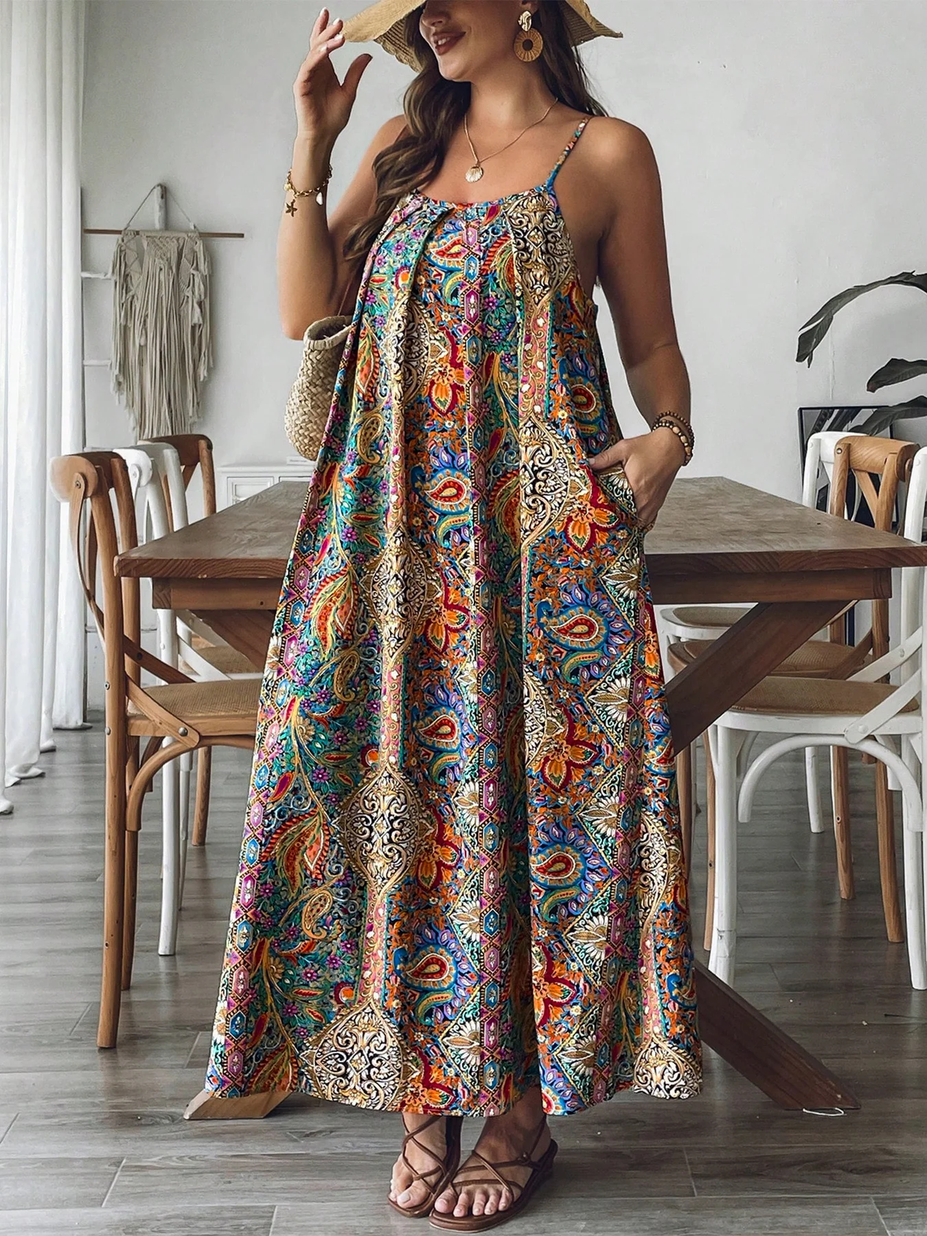 Plus Size Floral Paisley Maxi Dress Flowy Beachy Boho Vacation Gown Summer Dress