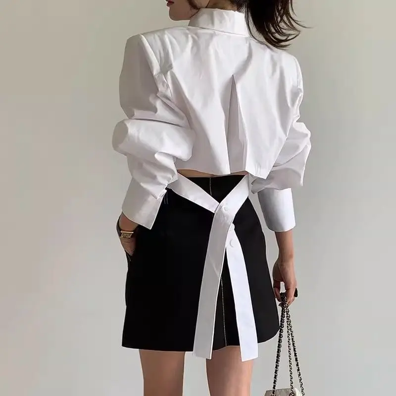 Spring Summer Casual Shirt Women Shirts Crop Tops Fashion Female Long Sleeve Solid Lace Up Blouse Office Lady White Shirts