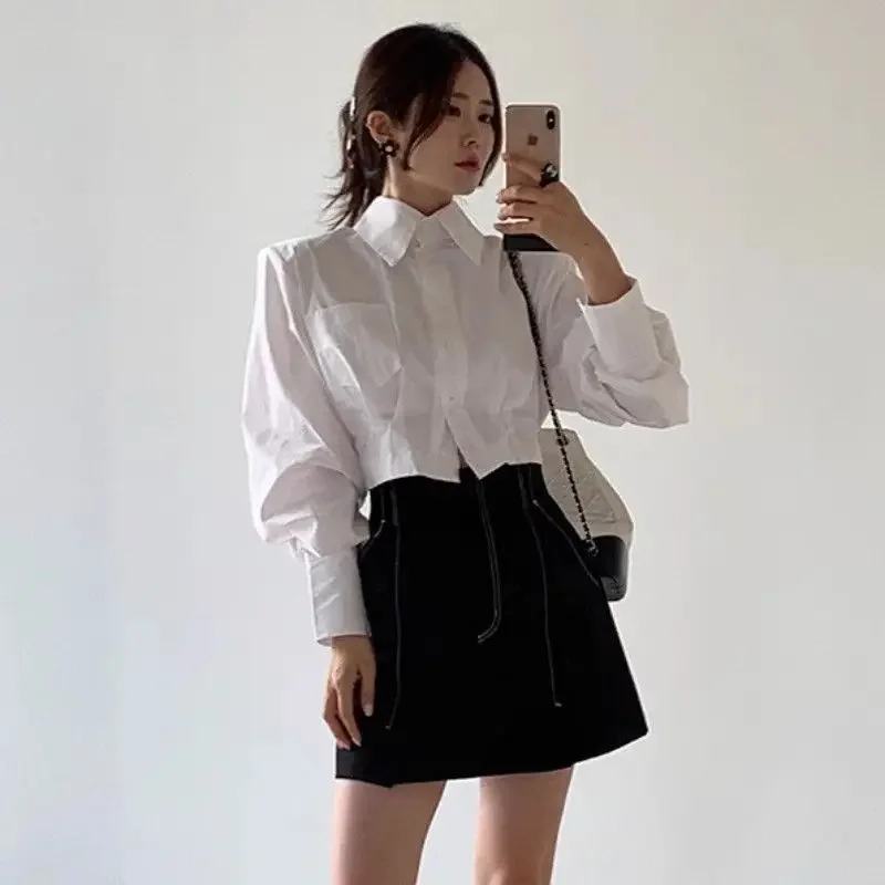 Spring Summer Casual Shirt Women Shirts Crop Tops Fashion Female Long Sleeve Solid Lace Up Blouse Office Lady White Shirts