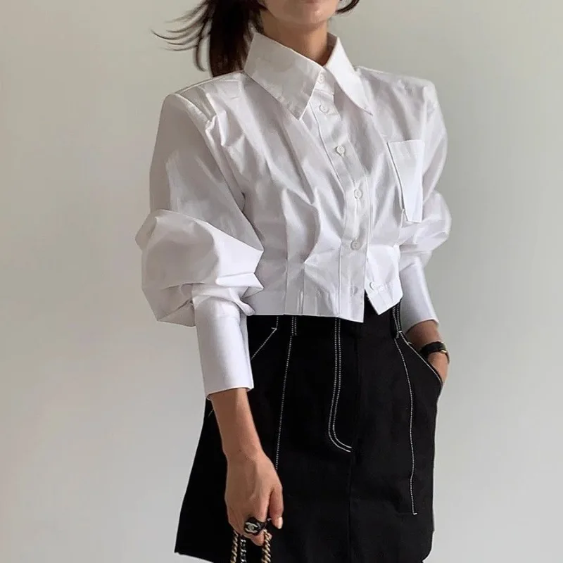 Spring Summer Casual Shirt Women Shirts Crop Tops Fashion Female Long Sleeve Solid Lace Up Blouse Office Lady White Shirts